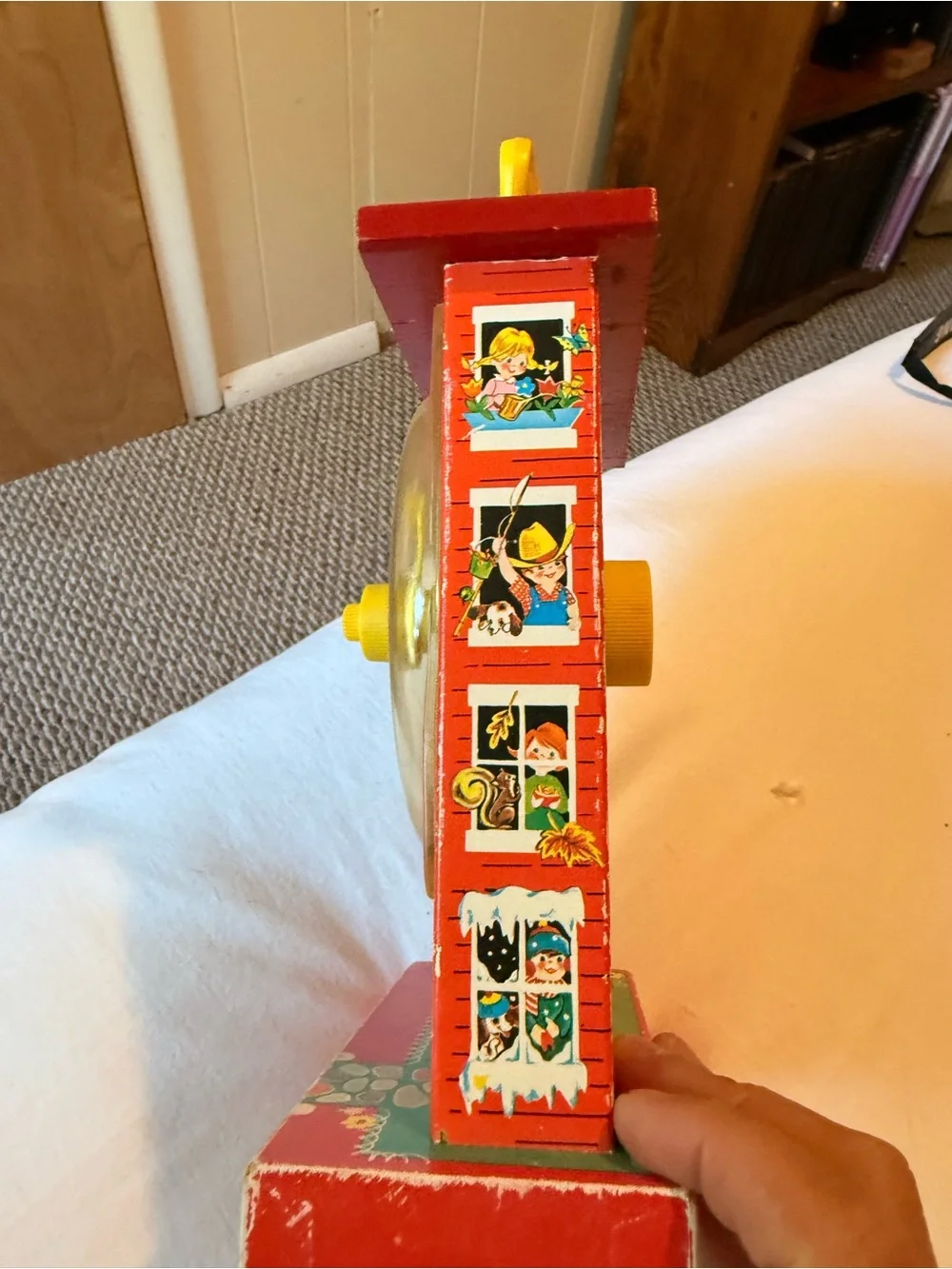 Vintage Fisher-Price Red and Yellow Musical Teaching Clock Toy 1960s Works